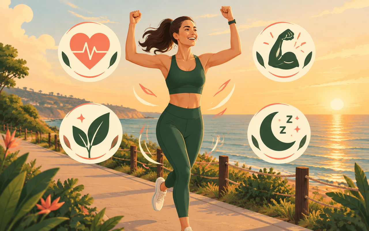 Energetic woman celebrating the benefits of healthy weight loss: heart health, energy, natural ingredients and better sleep
