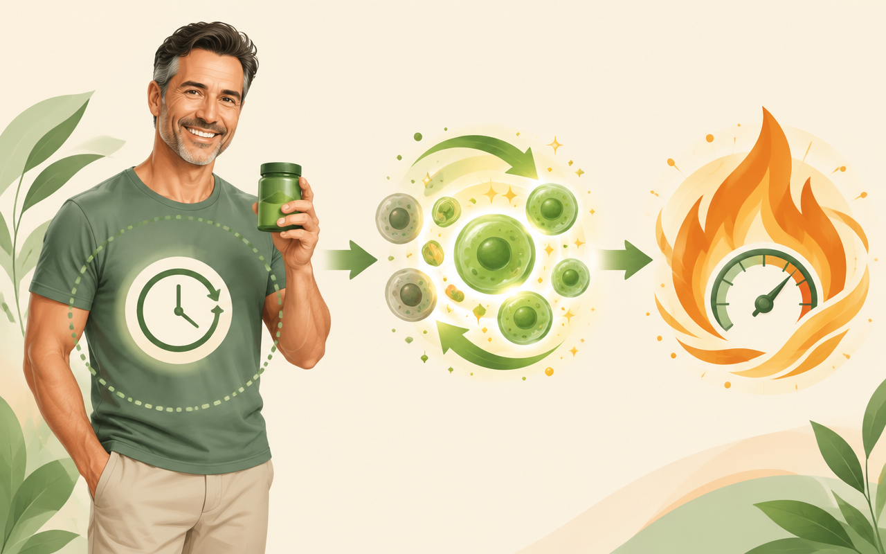Illustration of how Fast Lean Pro works: fasting clock, cellular renewal and faster metabolism