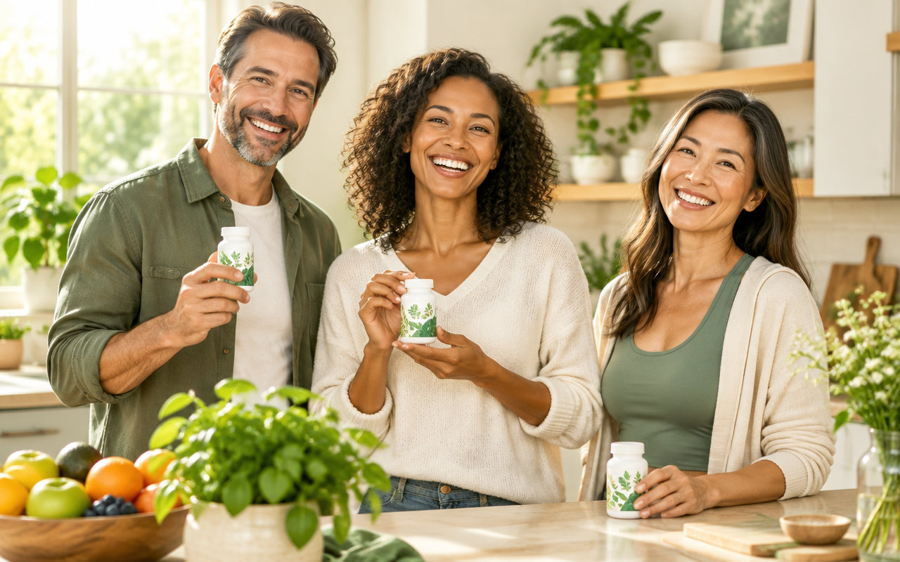 Happy diverse adults holding their supplement jars in a bright kitchen
